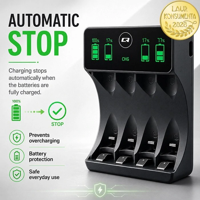 Qoltec 50968 Nabíječka akumulátorů AA/AAA (R6/R03) Ni-MH/Ni-Cd | LCD | USB-C