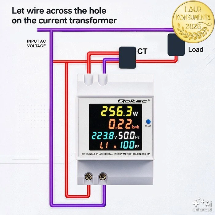 Qoltec 50977 Jednofázový elektroměr 6v1 na DIN lištu TH35 | 230 V | 100 A | LCD | CT | 3P