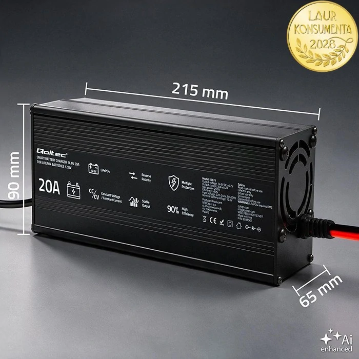 Qoltec 52671 Automatická nabíječka LiFePO4 12,8V 20A 292W | CC/CV | 14,6V | LED | PF 0,9
