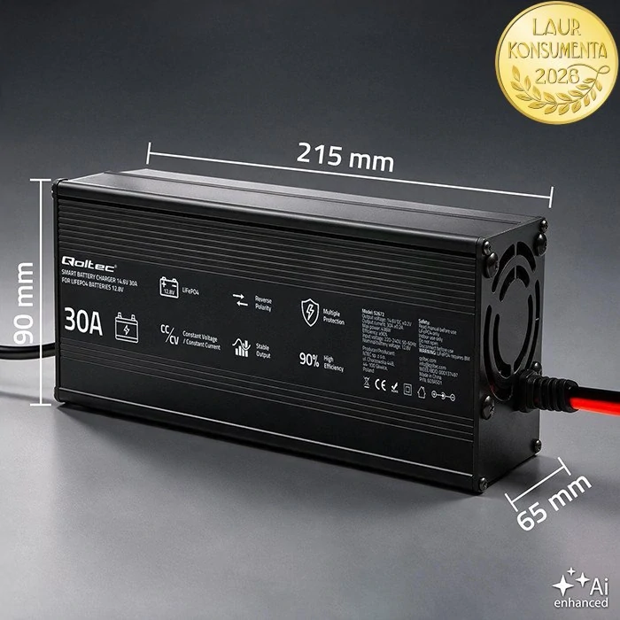 Qoltec 52672 Nabíječka LiFePO4 12V / 12,8V 30A 438W | CC/CV | PF 0,9 | LED