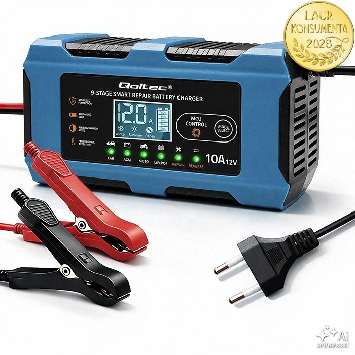 Qoltec 52668 Inteligentní nabíječka baterií 12V 10A | AGM, GEL, EFB, SLA, LiFePO4 | LCD | Repair