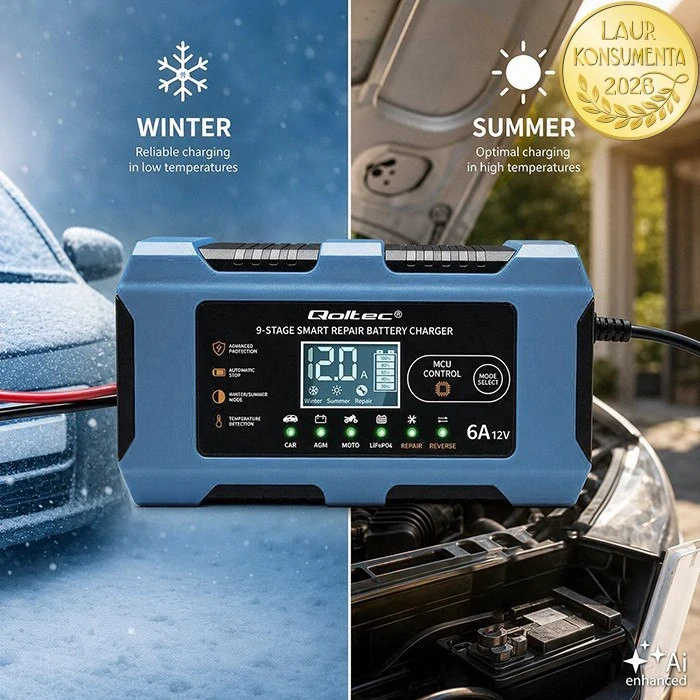 Qoltec 52669 Chytrá mikroprocesorová nabíječka baterií 12V 6A | LiFePO4 AGM GEL | 9 stupňů | Repair | LCD