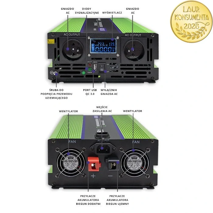 Qoltec 51943 měnič 12V/230V 2000W (4000W špička), čistý sinus, UPS + nabíječka 15A, LCD