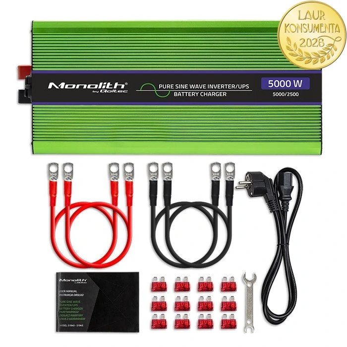 Qoltec 51944 měnič 12V/230V 2500W (5000W špička), čistý sinus, UPS + nabíječka 15A, LCD