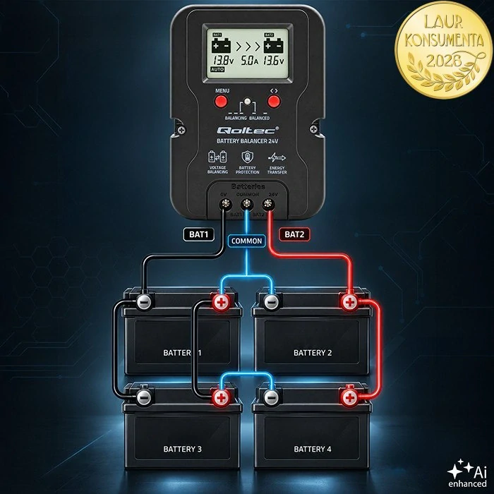 Qoltec 51099 Balanser baterií 24V 5A pro 2× 12V | AGM, GEL, LiFePO4 | LCD
