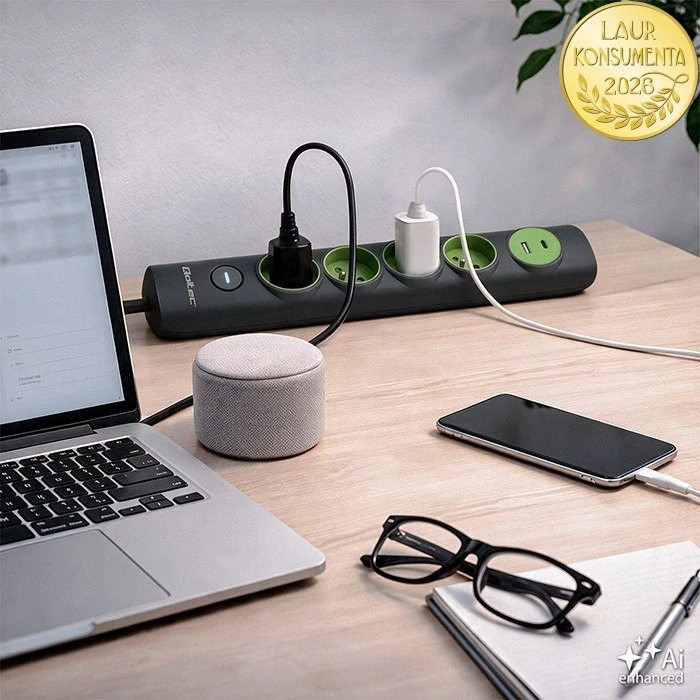 Qoltec 52762 přepěťová prodlužovací zásuvková lišta 6v1 – 4 zásuvky, USB-C 15W, USB-A 12W, 1,8 m