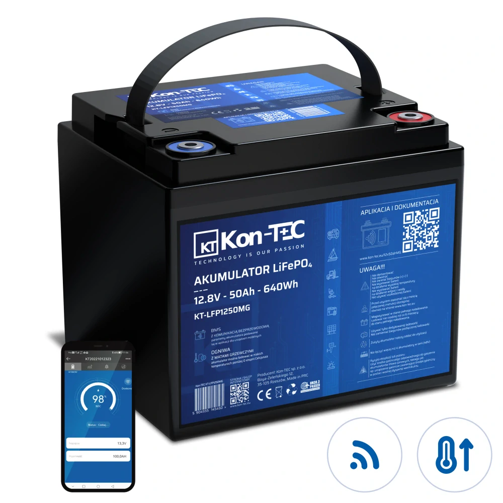❄️Baterie Kon-Tec Blue Line KT-LFP1250 Lithium-železo-fosfátová LiFePO4 baterie 12V, 12,8V 50Ah, 640Wh - Wireless BMS System + funkce ohřevu baterie