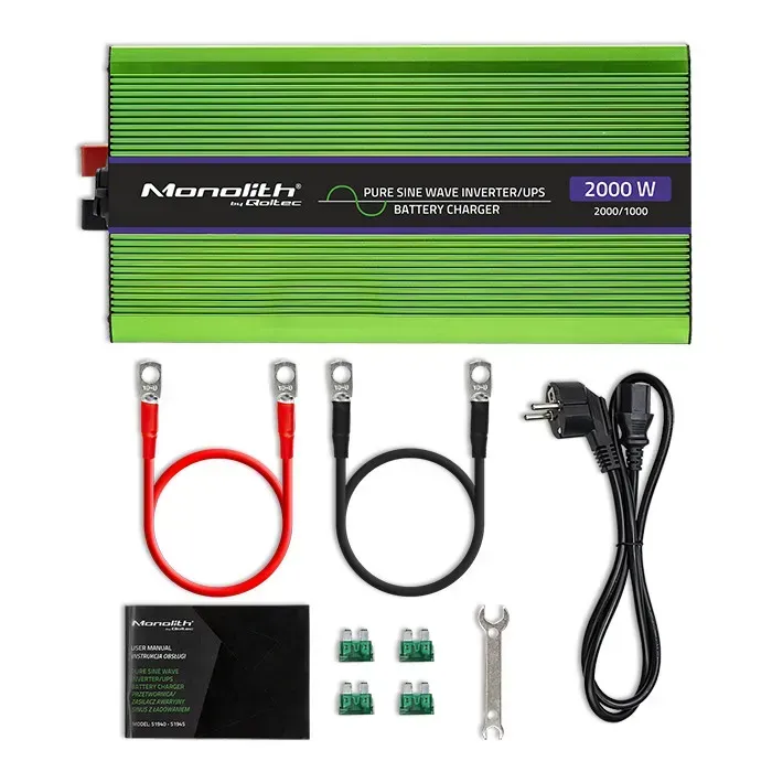 Qoltec 51942 Měnič napětí s funkcí UPS z 12V na 230V, 1000W/2000W čistý sinus s funkcí UPS, LCD display
