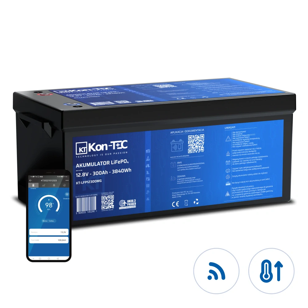 ❄️Baterie Kon-Tec Blue Line KT-LFP12300 Lithium-železo-fosfátová LiFePO4 baterie 12V, 12,8V 300Ah, 3840Wh - Wireless BMS System + funkce ohřevu baterie