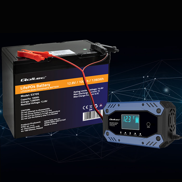 *Qoltec 52482 Inteligentní nabíječka baterií STD AGM GEL LiFePO4 | s funkcí opravy |12-24V |10A | LCD | 9 – stupňů nabíjení
