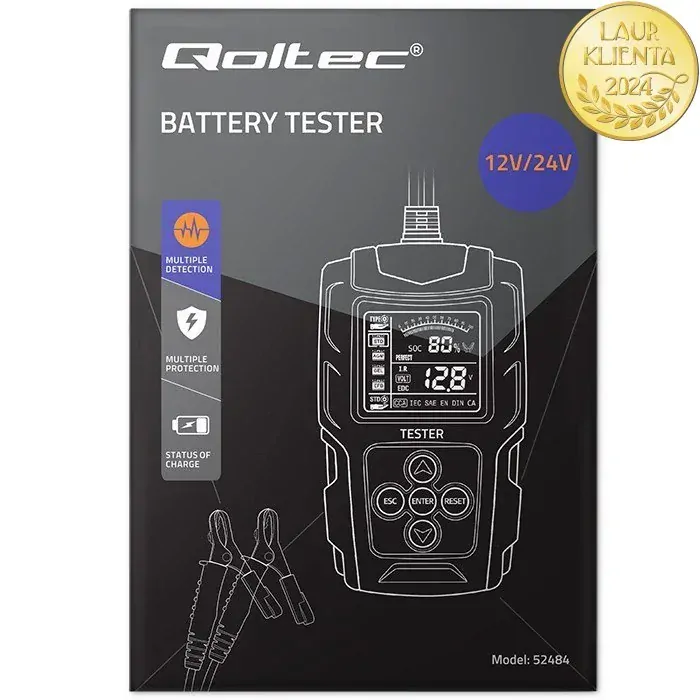 *Qoltec 52484 Digitální tester baterií s LCD displejem | 12V | 24V | 3Ah-200Ah