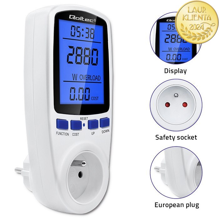 *Qoltec 50626 Měřič spotřeby energie Qoltec PM0626 | 3680W | 16A | LCD