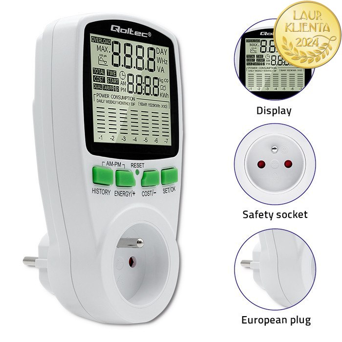 *Qoltec 50627 Měřič spotřeby energie Qoltec PM0627 s historií měření | 3680W | 16A | LCD
