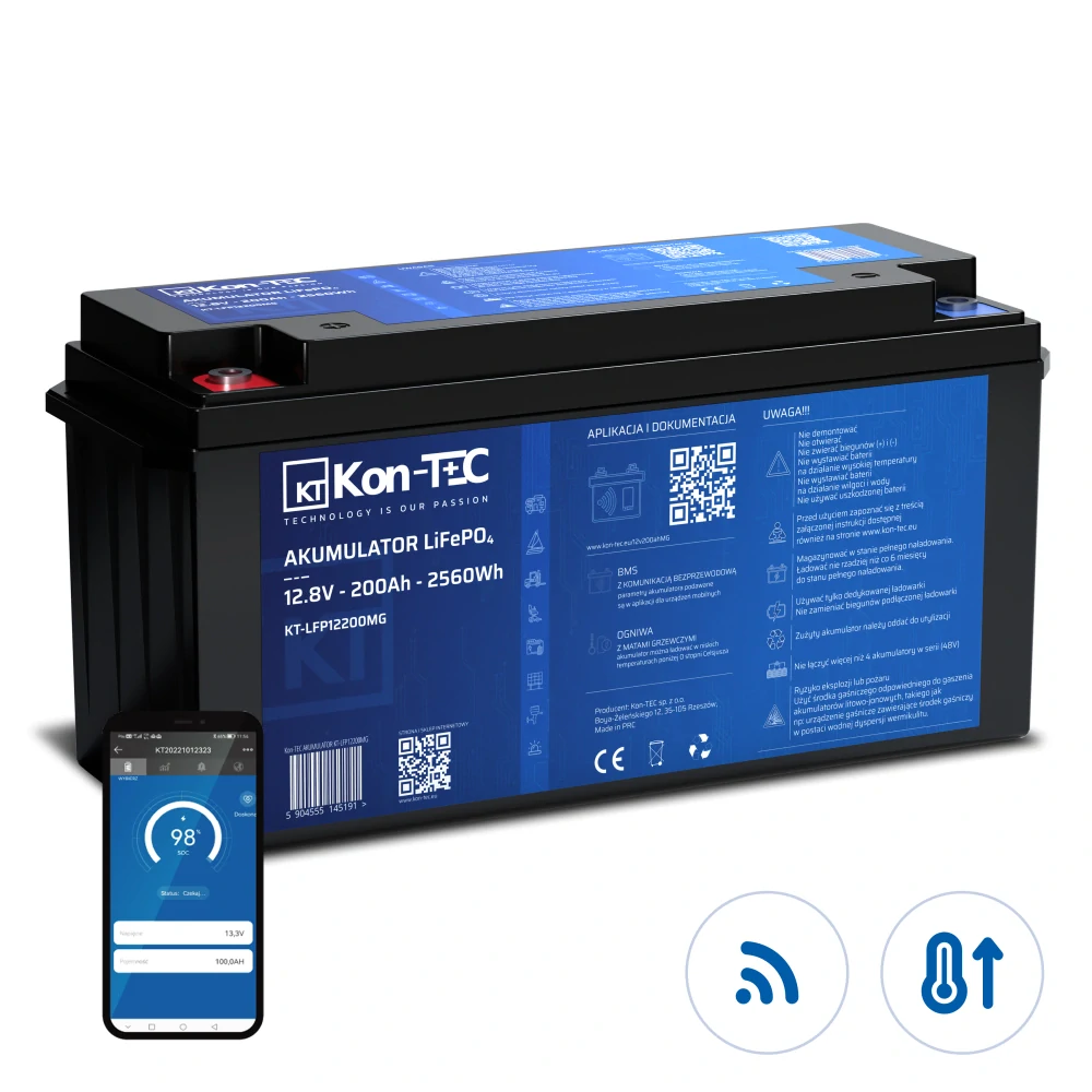 ❄️Baterie Kon-Tec Blue Line KT-LFP12200 Lithium-železo-fosfátová LiFePO4 baterie 12V, 12,8V 200Ah, 2560Wh - Wireless BMS System + funkce ohřevu baterie