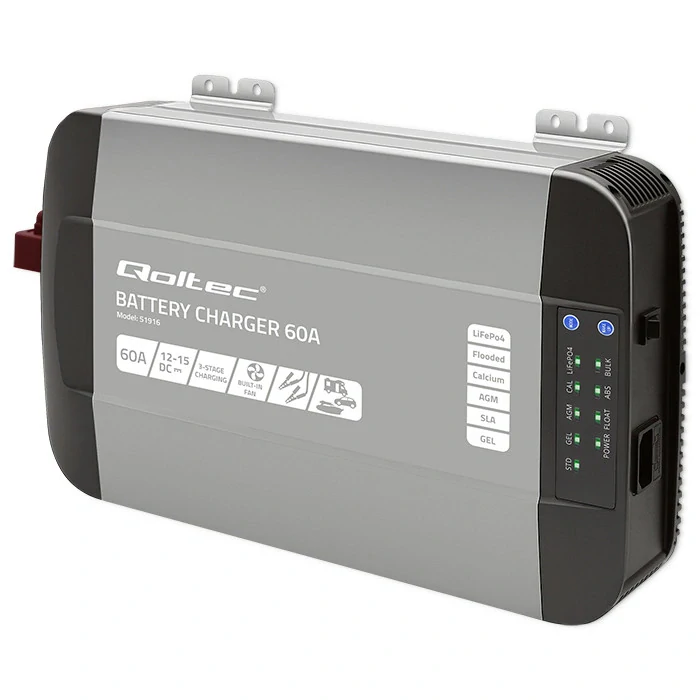 *Qoltec 51916 Inteligentní profesionální nabíječka Monolith pro LiFePO4 AGM GEL SLA baterie | 60A | 12V | Rychlé nabíjení