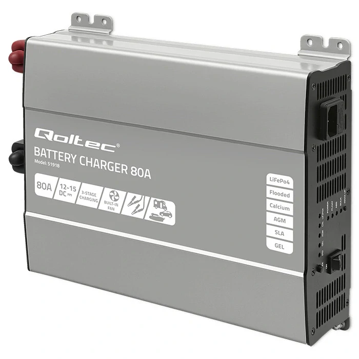 *Qoltec 51918 Inteligentní profesionální nabíječka Monolith pro LiFePO4 AGM GEL SLA baterie | 80A | 12V | Rychlé nabíjení