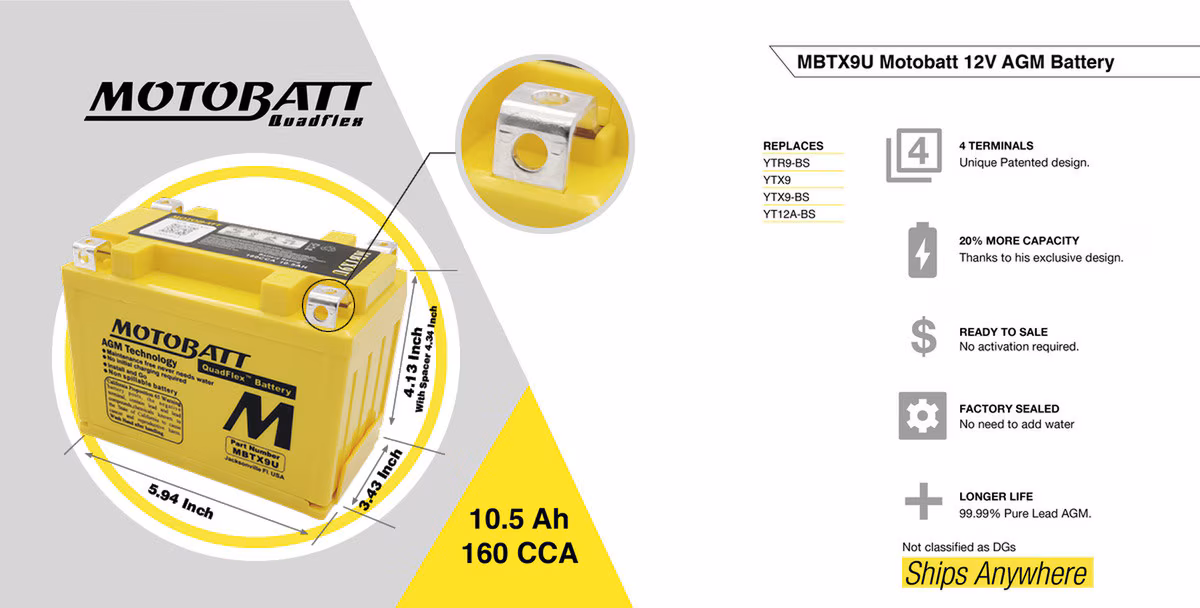 Motobatt MBTX9U AGM motobaterie 12V 10,5Ah 160A | Náhrada YTX9-BS, YT12A-BS | Oficiální CZ distribuce
