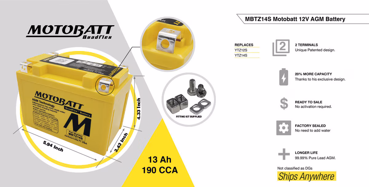 Motobatt MBTZ14S AGM motobaterie 12V 11,5Ah 190A | Náhrada YTZ12S, YTZ14S | Oficiální CZ distribuce