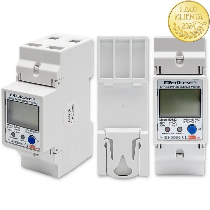 Qoltec 50882 Jednofázové elektronické počítadlo | měřič spotřeby energie na DIN lištu | Wifi | TUYA | 230V | LCD |