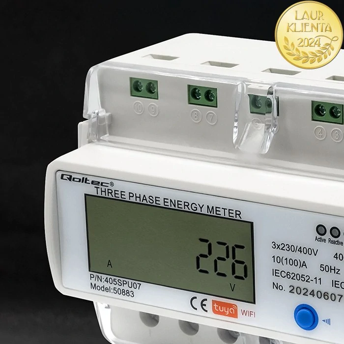 *Qoltec 50883 Třífázové elektronické počítadlo | měřič spotřeby energie na DIN lištu | Wifi | TUYA | 400V | LCD |