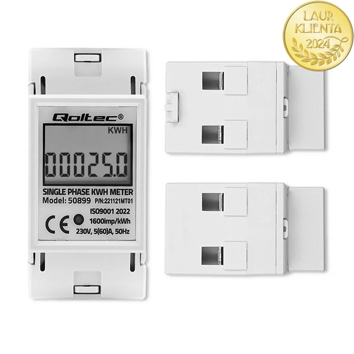 *Qoltec 50899 Jednofázové elektronické počítadlo | měřič spotřeby energie na DIN lištu | 230V | LCD | 2P
