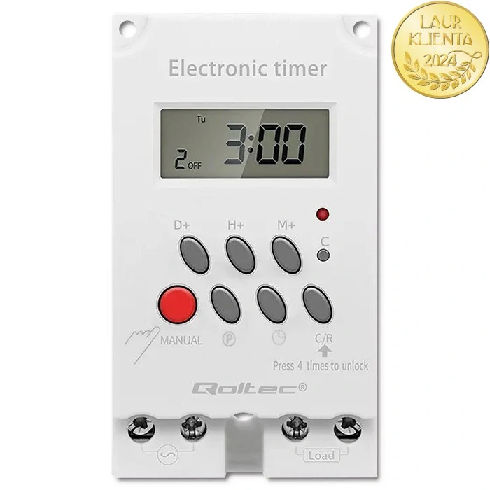 Qoltec 50629 Elektronický časovač PC0629 na lištu DIN | LCD