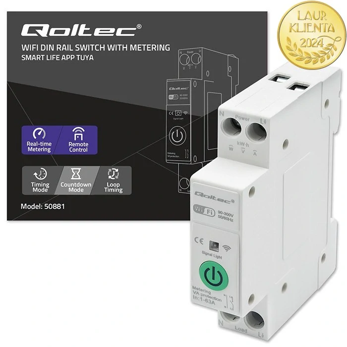 *Qoltec 50881 Wi-fi relé 63A na DIN lištu s elektroměrem | TUYA | Smart Home