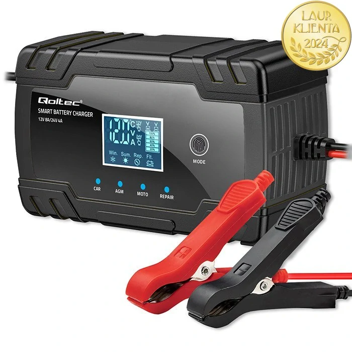 Qoltec 52490 Inteligentní 12V 8A | 24V 4A Mikroprocesorová Nabíječka s LCD | Regenerace AGM GEL Baterií
