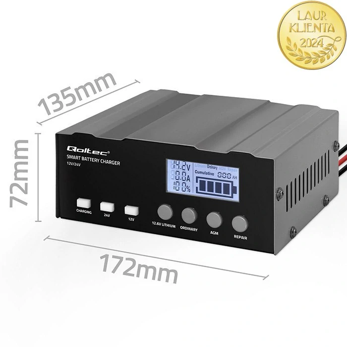 Qoltec 52491 Inteligentní mikroprocesorová nabíječka Qoltec 12V | 12,6 V | 24V | Usměrňovač s funkcí opravy pro AGM GEL | LCD
