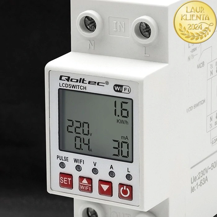 *Qoltec 50990 Relé Qoltec 63A na DIN lištu s elektroměrem | Časovač | Tuya  | Wi-Fi | LED