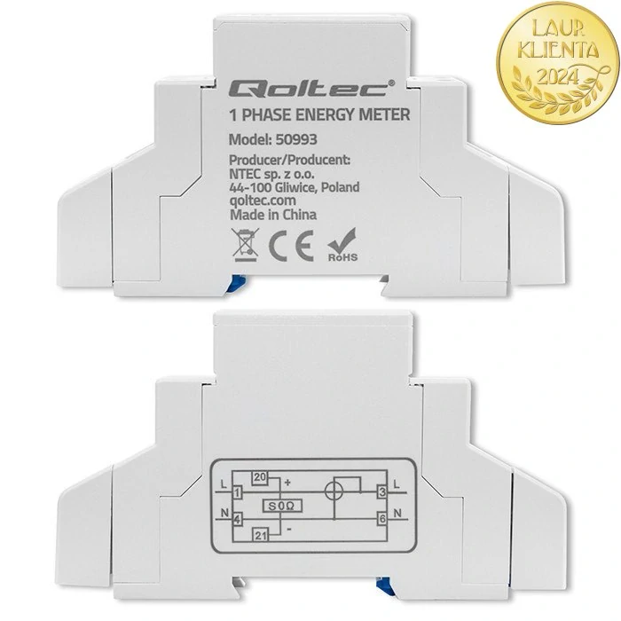 Qoltec 50993 Jednofázový elektronický elektroměr Qoltec | Měřič spotřeby energie na DIN lištu | 230V | 30A | LCD | 1P