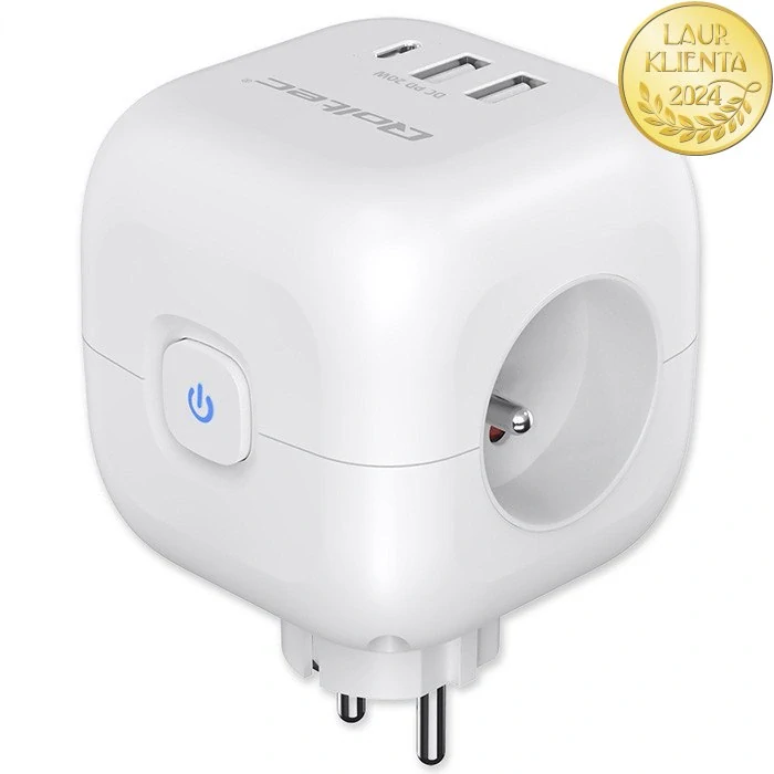 *Qoltec 52548 Napájecí kostka 6v1 | 3× AC zásuvky + 2× USB + 1× USB-C PD 20W | Bílá