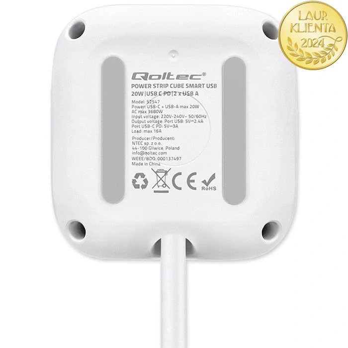 *Qoltec 52547 Napájecí kostka 6v1 | 3× AC zásuvky + 2× USB + 1× USB-C PD 20W | Bílá | Kabel 2m