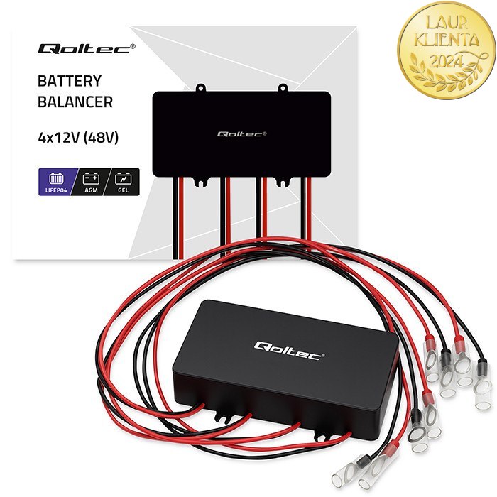 *Qoltec 51098 Balancer 48V Vyrovnávač napětí Qoltec 48V pro 4 x 12V | 10A | LiFePO4 AGM gelové baterie