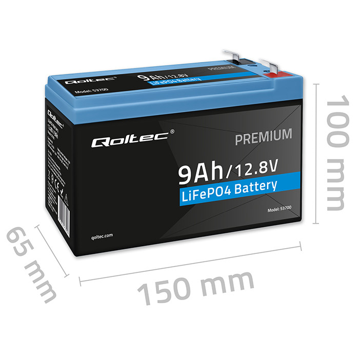 *Qoltec 53700 LiFePO4 lithiová železná fosfátová baterie | 12,8 V | 9 Ah | 115,2 Wh | BMS