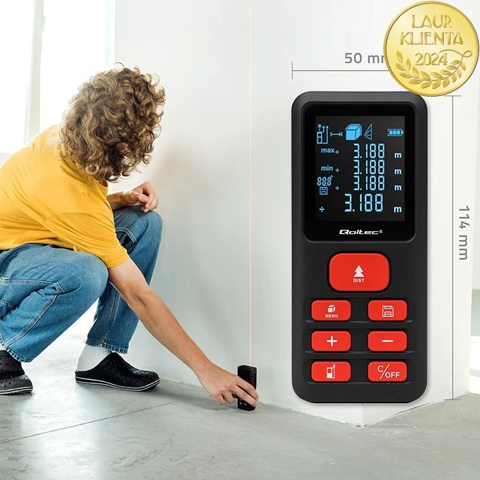 *Qoltec 50688 Precise digitální laserový dálkoměr s elektronickou nivelací | podsvícený LCD | 120 m