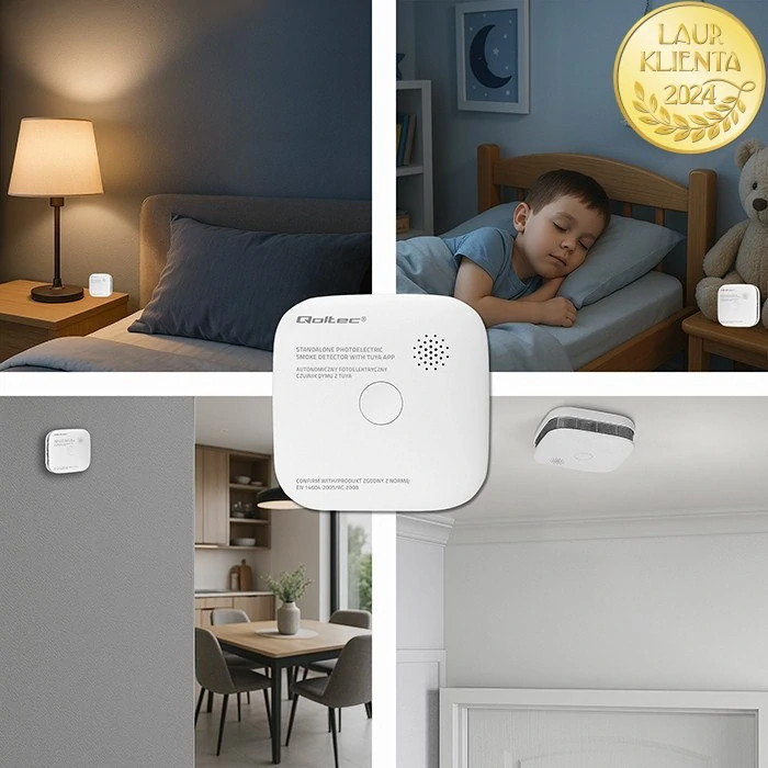 *Qoltec 52579 Bezdrátový detektor kouře Wi-Fi Tuya s LED indikací | Certifikovaný alarm 85 dB | Životnost senzoru 10 let | Baterie součástí