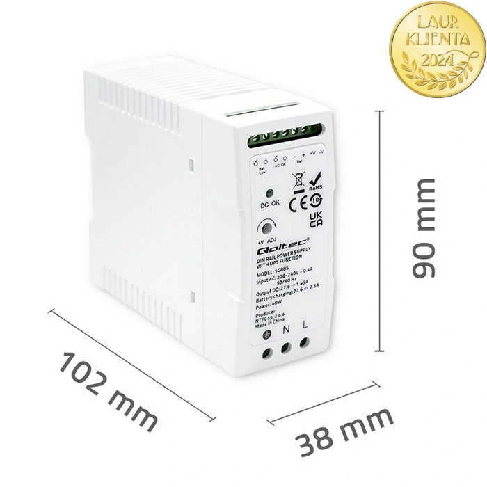 Qoltec 50885 | DIN napájecí zdroj s funkcí UPS 27,6 V DC / 60 W