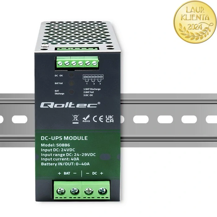Qoltec 50886 | DC-UPS modul na DIN lištu 24 V / 40 A – automatické zálohování z baterie