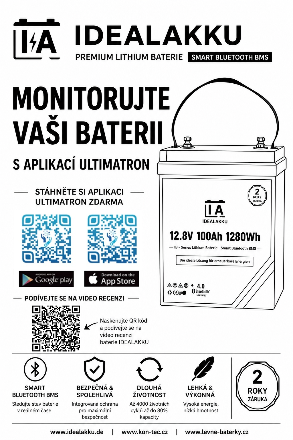 *IB-12-100-MINI Idealakku Baterie LiFePO4 12,8 V 100Ah 1280Wh | MINI | Smart BMS s Bluetooth | Idealakku.de | Kompaktní rozměry 228*145*208 mm