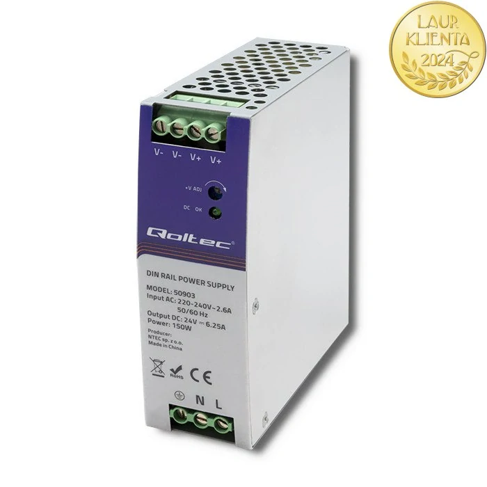 Qoltec 50903 – Průmyslový napájecí zdroj na DIN lištu 150 W / 24 V / 6,25 A