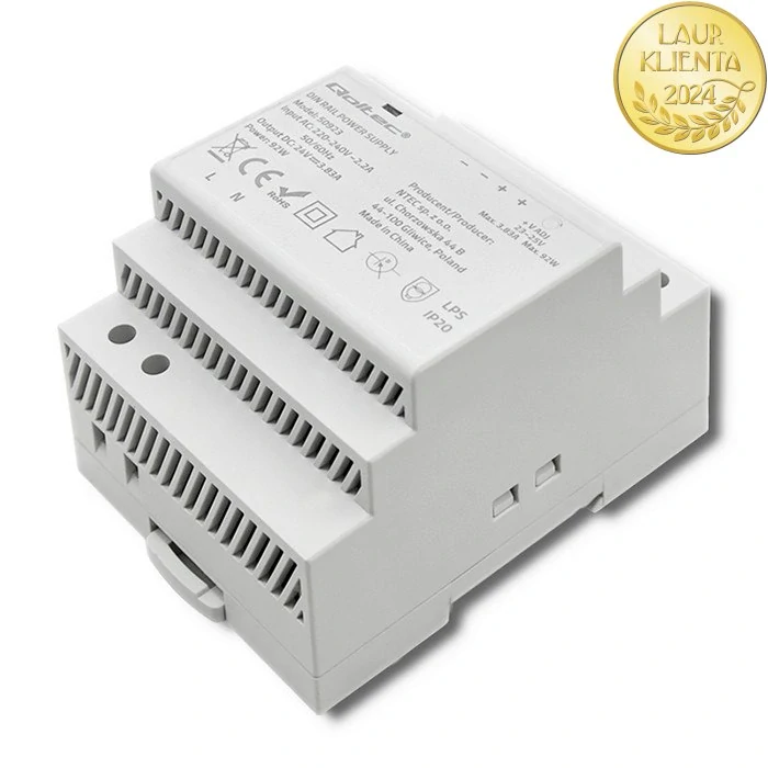Qoltec 50923 – Průmyslový napájecí zdroj na DIN lištu 92 W / 24 V / 3,83 A / Šedý
