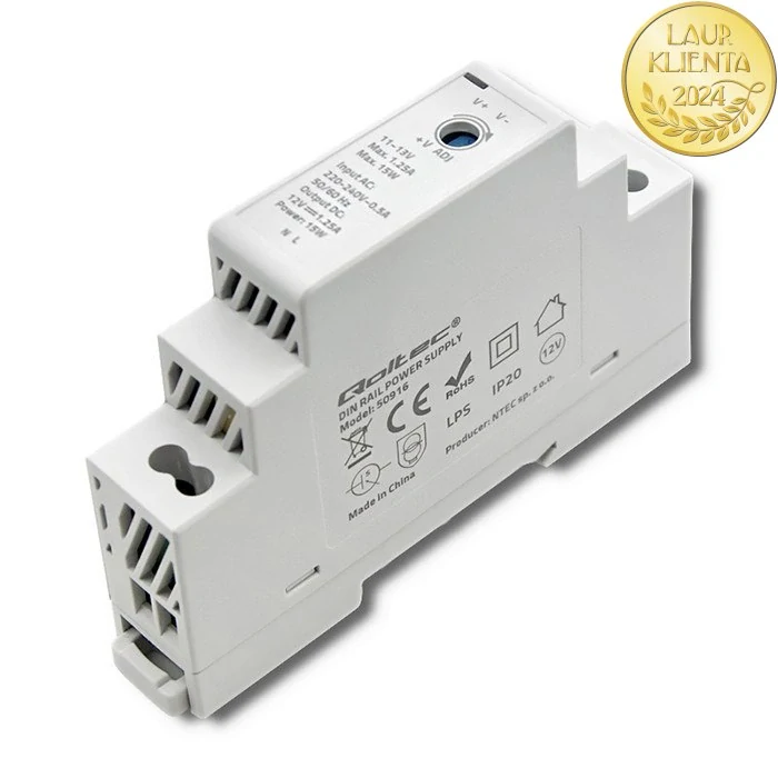 Qoltec 50916 – Průmyslový napájecí zdroj na DIN lištu 15 W / 12 V / 1,25 A / Šedý