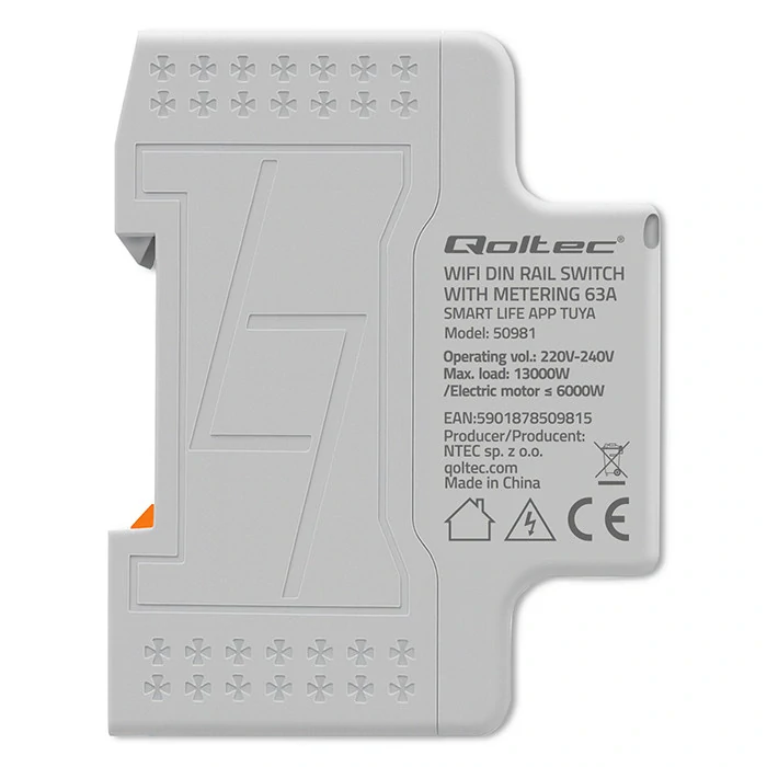 *Qoltec 50981 Jednofázový Wi-Fi wattmetr na DIN lištu TH35 | Tuya/Smart Life | 63 A | LCD | Měření napětí/proudu/výkonu/spotřeby | Historie a dálkové ovládání