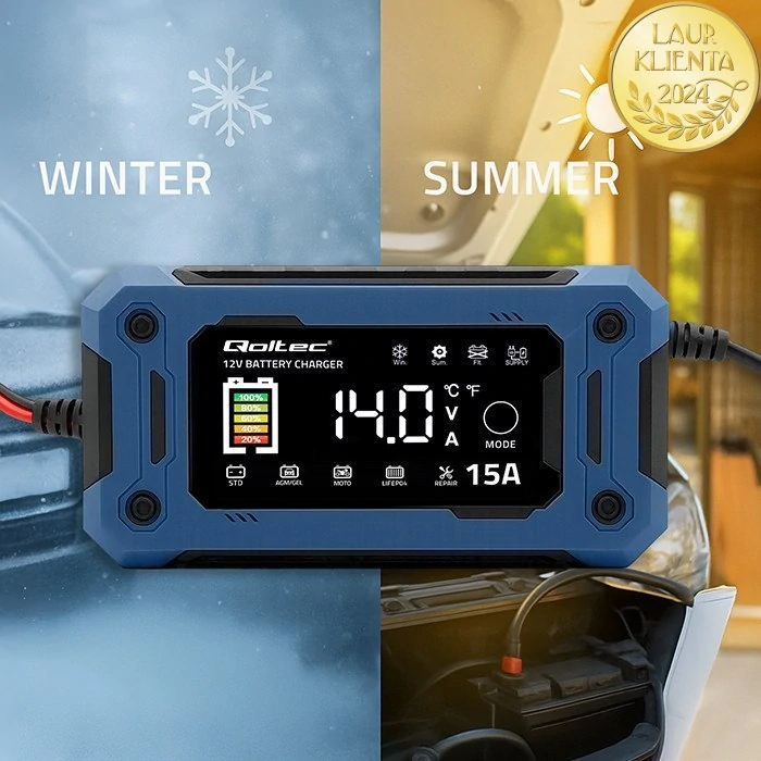 *Qoltec 52496 Intelligent Charger 12 V 15 A | Mikroprocesorová nabíječka LiFePO₄ / AGM / GEL s LCD displejem a režimem 14 V pro údržbu napětí