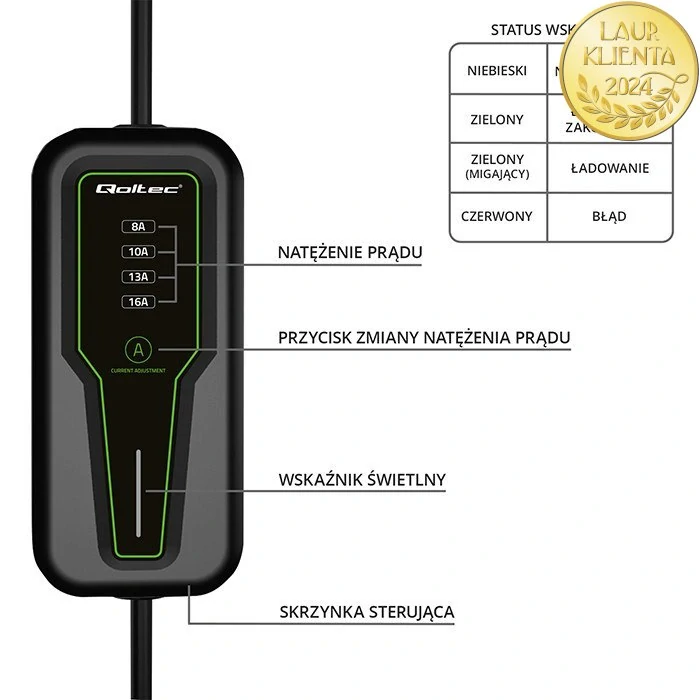Qoltec 52574 Mobilní nabíječka Qoltec 2 v 1 Typ 2 – 3,5 kW | 230 V | LCD displej | Nastavitelný proud | 4 m kabel