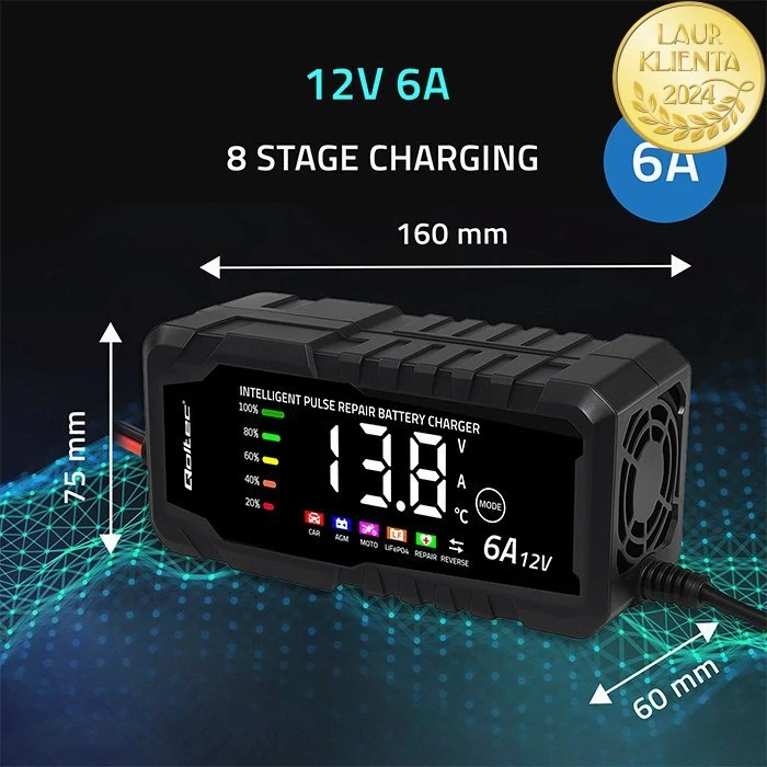 *Qoltec 52494 Intelligent Charger 12 V 6 A | Mikroprocesorová nabíječka LiFePO₄ / AGM / GEL s LCD displejem a režimem opravy pro AGM GEL LiFePO4 baterie