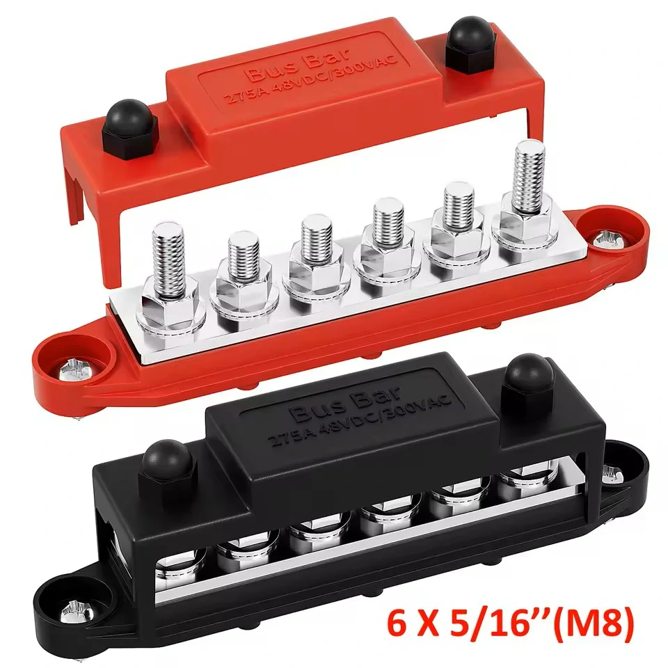*Rozvodná svorkovnice Busbar DaierTek 6x M8 12V – 6 vývodů + ochranný kryt Max 300V AC, 48V DC,275A (DC) kladný a záporný rozvodný blok