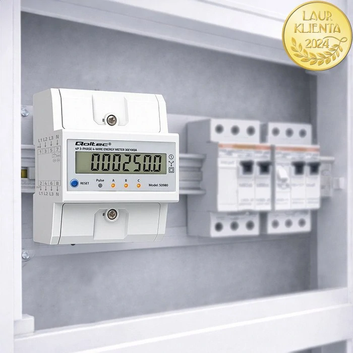 *Qoltec 50980 Qoltec Třífázový elektronický elektroměr s resetem | Elektroměr na DIN lištu | 400V | 100A | LCD | LED | 4P