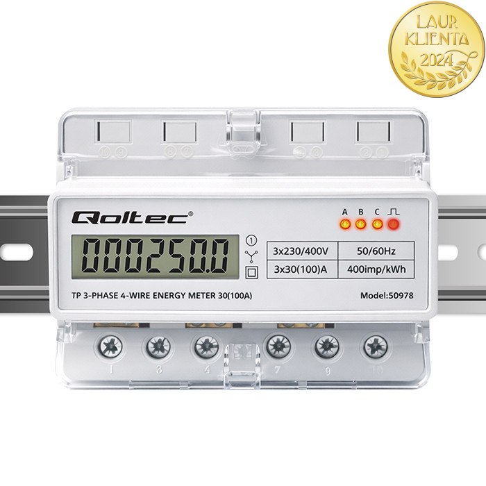 *Qoltec 50978 QOLTEC Třífázový elektronický elektroměr | Elektroměr na DIN lištu | 400V | 100A | LCD | LED | 7P